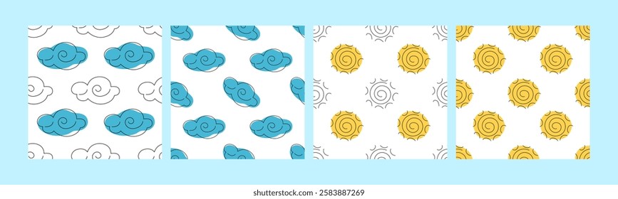 Patterns of clouds and suns on a light blue background showcasing a cheerful design