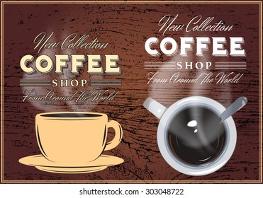 patterns of coffee with inscriptions on the background with wood texture