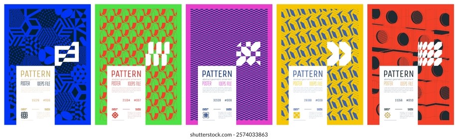 Сollection patterns colorful trendy poster, abstract geometric composition graphic in Y2K aesthetics, vector simple shapes print artwork modernism and minimalistic brutal style A4 format set 2