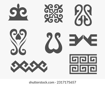 Patterns consisting of rhythmic ordered elements peculiar to Kazakh folk art. Set of vector national ornaments of Kazakhstan, Turkic peoples