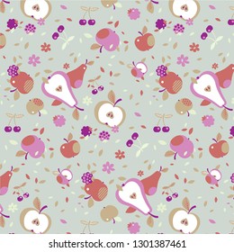 The patterns contain images of apples, pears, raspberries, cherries, leaves and flowers.