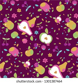 The patterns contain images of apples, pears, raspberries, cherries, leaves and flowers.