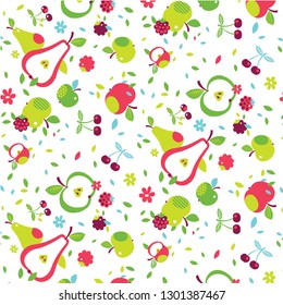 The patterns contain images of apples, pears, raspberries, cherries, leaves and flowers.