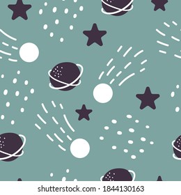 Patterns with cosmos and many stars. Space background.  Hand drawn pattern with planets, rockets, stars, sun. Flat style space childrens background. Vector illustration
