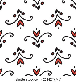 patrones de curliceo de corazón rojo con puntos. un conjunto impecable de corazones rojos pequeños y luchas con líneas curvas con rizos a menudo se coloca en blanco para una plantilla de boda de día de San Valentín
