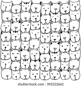 Patterns with cute hand drawn cats. Vintage vector illustration. Doodle art.  Background with cat faces. Adult coloring book pages. Black white Zentangle