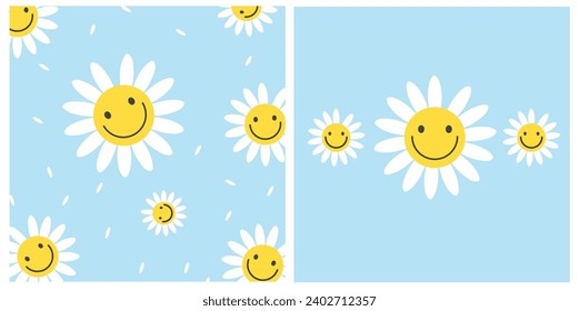 Patterns with daisy on blue color backgrounds vector illustration. Cute summer wallpaper.
Vector backgrounds. Flower power. Choose happy.
Daisy flowers with cartoon funny smiling faces