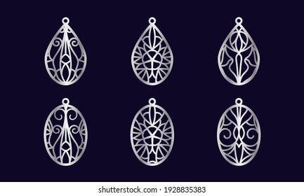 Patterns of decorative earrings in the form of a drop and an oval with openwork oriental patterns. Suitable for cutting and printing