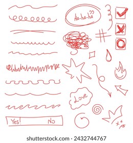 Patterns, design hand drawn doodle design elements, red on white background. Set of drawings in flat style. Use for web design. EPS10
