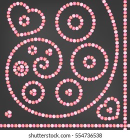 Patterns of diamond chains. Hearts, circles and lines on a dark background.