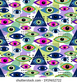 Patterns with different eyes in the Matisse style and an abstract background. Eyes are talismans. Vector illustration. Bright designs for various decor - wrapping paper, fabric, brochures, covers and