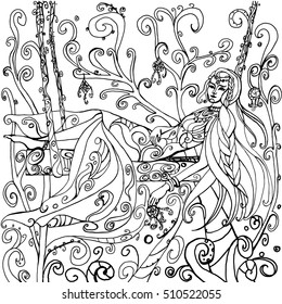 patterns drawn with ink, the girl on the swing, coloring for adults antistress