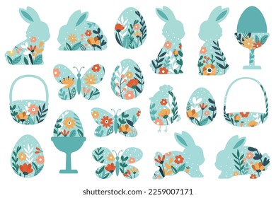 Patterns in easter elements flat icons set. Different shapes of bunny, chick, butterfly and egg with floral design. Trendy spring decor for holidays, Color isolated illustrations