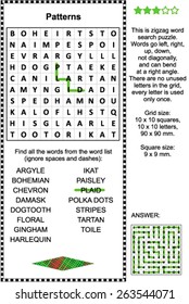 Patterns and fabric prints themed zigzag word search puzzle (suitable mostly for adults). Answer included.
