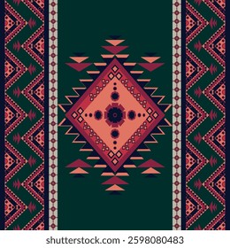 Patterns, fabrics, carpets, embroidery, textiles  Red tones and drak green lines intersect the black background.
