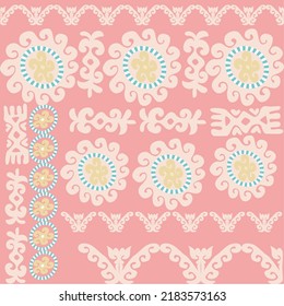 Patterns for fabrics were created using traditional Uzbek ornaments, suzani, or suzane. Digital patterns for the fashion industry. 