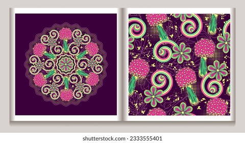Patterns with fantasy mushrooms, chamomile flower, striped psychedelic spirals, swirls, halftone, paint splatter. Bright neon fluorescent colors Good for apparel, fabric, textile, surface design