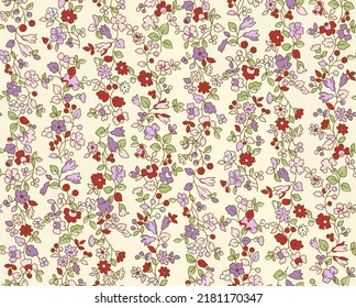 Patterns of flowers with leaves and stems with smooth contours, vector illustrations, lined vertical positions, suitable for printing fabric designs.