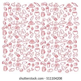 patterns food coffee beer ice cream fruits vegetable. red background