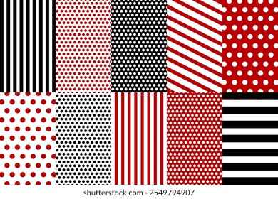 Patterns in the form of large and small polka dots and stripes in red, white and black. Vector background illustration.