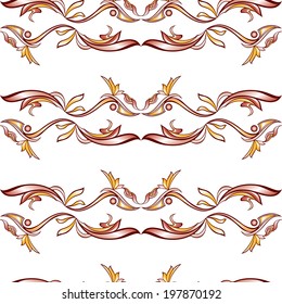 Patterns in the form of vines abstract trees on a light beige background. Three horizontal lines