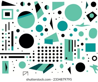 patterns of geometric shapes on a white background, in the style of green and black, memphis design, neo-geo minimalism, geometric shapes patterns, green and cyan, simplistic characters