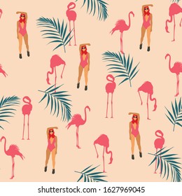 Patterns with girls in a flat style swimsuit sunbathing and Flamingo  pattern suitable for fabric and textile. Seamless texture.