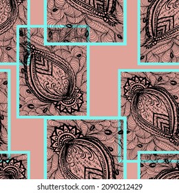 Patterns with graphic images of abstraction. Blue frame on a lilac background. Design for postcards, backdrop, wallpaper, wrapping, wallpaper, print, book endpaper, fabric and drapery.