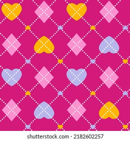 Patterns of hearts and rhombuses with seamless patterns, alternating positions vertically lined up, small circles diagonally vertically and horizontally regularly repeating as a background.