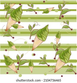 patterns ice cream cone matcha with leaf green tea. For wrapping paper, background, casing, bags and others. Vector patterns design