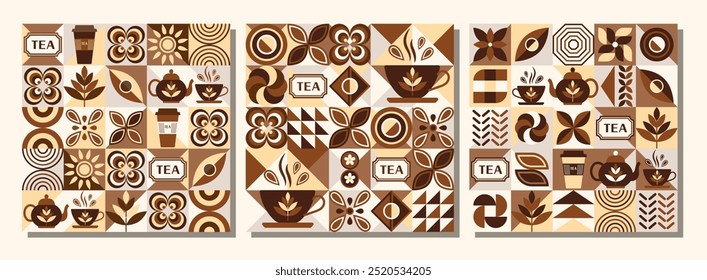 Patrones con íconos para el té negro, Elementos de diseño en estilo geométrico simple. Fondo sin fisuras con Formas abstractas. Para la marca, decoración del paquete de alimentos, diseño de la cubierta, impresiones textiles de la cocina