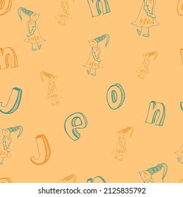 Patterns with the image of a bird and letters of the alphabet. Childish design for fabric or toddler bedroom interior decoration.