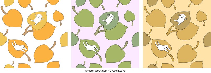 patterns with the image of leaves and cute funny animals.