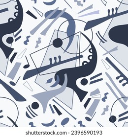 Patterns inspired by the art of Vasily Kandinsky. Abstract shapes resembling musical instruments. Space. Geometry.  For posters, postcards, wallpaper, wrapping paper, textiles. BLUE NOVA