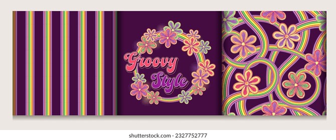 Patterns, label with text, fantasy chamomile flowers, psychedelic stripes. For clothing, apparel, T-shirts, surface decoration. Groovy, hippie style.