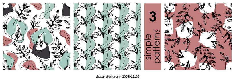 Patterns with leaves, branches and abstract spots in a trendy style. Gentle herbal fabric print.