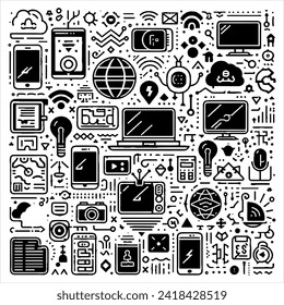 patrones de líneas y formas, formando símbolos o íconos para productos electrónicos como iconos de teléfonos celulares, tablets, PCs, laptops, cámaras, bombillas eléctricas incandescentes, correo electrónico, internet.
también disponible en eps