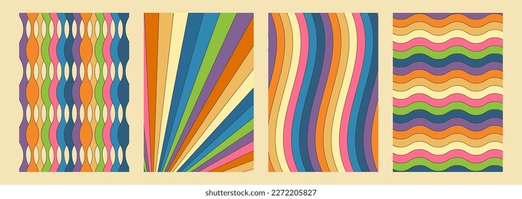 Patterns of lines with strokes in the style of the 70s. Trendy colors. Retro colorful abstract art template set,vector