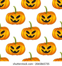 Patterns main symbol of Happy Halloween holiday with different emotions. Seamless Orange unusual pumpkins with a smile for your design for the holiday Halloween on white background.Vector illustration