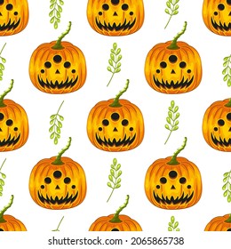 Muster Hauptsymbol von Happy Halloween Feiertag mit verschiedenen Emotionen. Nahtlose Orange ungewöhnliche Kürbis mit einem Lächeln für Ihr Design für den Urlaub Halloween auf weißem Hintergrund.Vektorgrafik