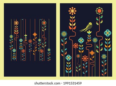 Patterns. Modern geometric abstract floral style. Set of vector illustrations on a floral motive. Flowers, plants, bird,  line, simple shapes. Perfect for a poster, cover or postcard.