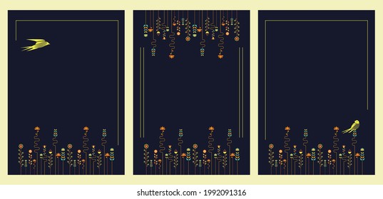 Patrones. Estilo floral geométrico abstracto moderno. Conjunto de ilustraciones vectoriales sobre un motivo de verano floral. Flores, plantas, líneas, formas simples. Perfecto para un afiche, portada o postal.