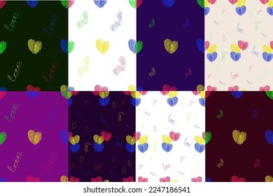 patterns multicolored hearts drawn in pencil