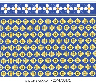 Muster thailändisch-chinesischer Blumen, in blau-gelben und weißen Farben, mit antiken Kunst- und Kulturmustern gestaltet, schöne Farben, die die Bedeutung von Blumen der Fröhlichkeit vermitteln  