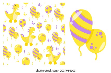 Patterns on a white background. Dinosaur, gifts, balls. Birthday, children's party, shows, entertainment, events, new year, christmas, guests, surprise. For packaging, postcards, invitations, covers.