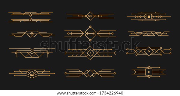Patterns, ornaments in art deco style. Set of Art\
deco black calligraphy page dividers. 1920s vintage gold dividers,\
retro header graphic elements, flourishes vignettes decoration for\
design. Vector.