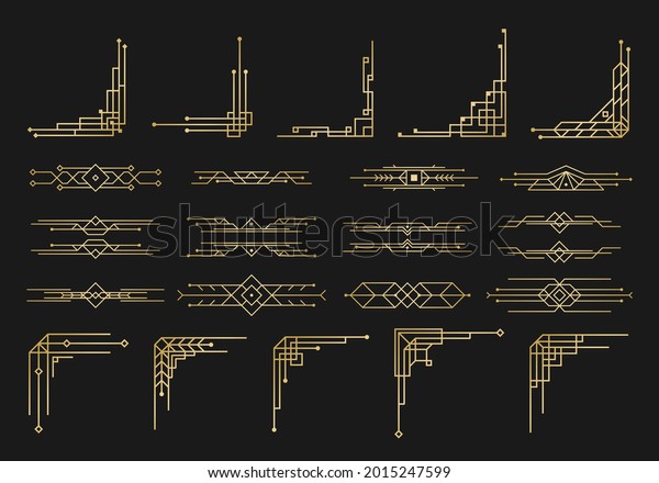 Patterns, ornaments in art deco style. Set\
of Art deco black calligraphy page dividers. Vintage design linear\
icon floral elegant decor, victorian style. Text frame thin line\
set. Vector\
illustration.