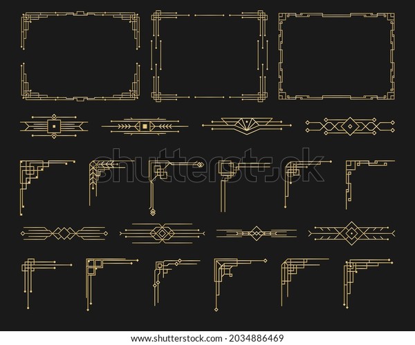 Patterns, ornaments in art deco style.\
Vintage design linear icon floral elegant decor, victorian style.\
Text frame thin line set. Set of Art deco black calligraphy page\
dividers. Vector\
illustration.