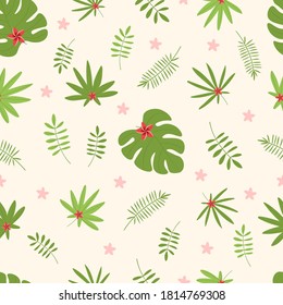 Patrones de colores pastel con animales salvajes, flores, cocos y plantas