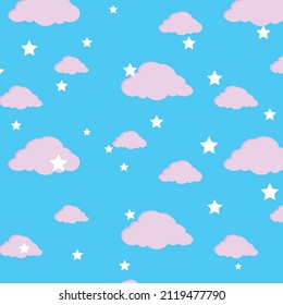 Patterns of pink clouds and white stars on a blue background, vector